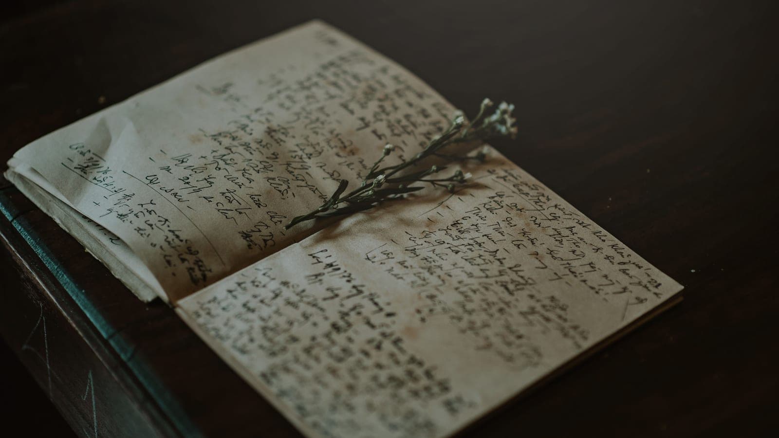 An open notebook with handwriting on a table