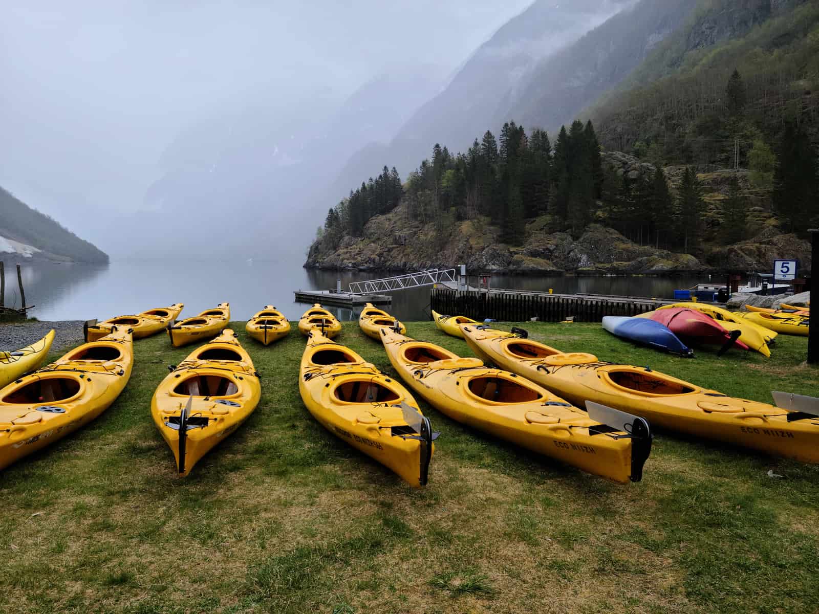 A yellow plastic kayak resting on grass beside a lake