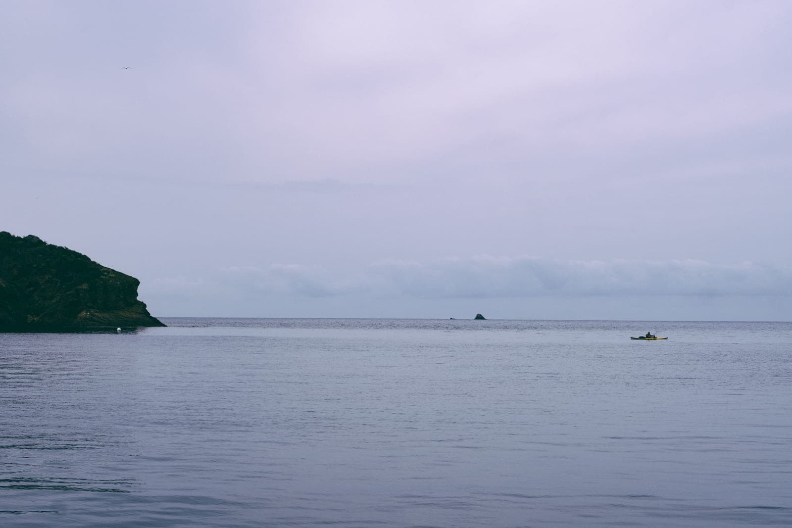 A single kayak resting on a quiet shoreline