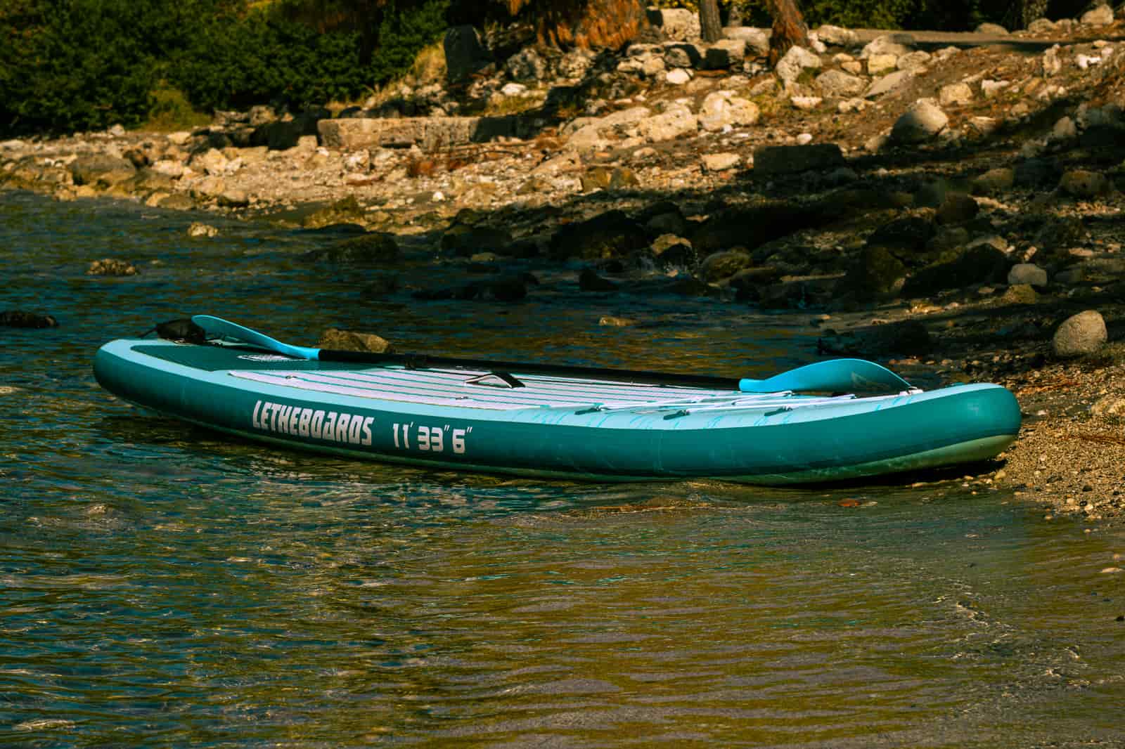 Close detail of an inflatable paddle board deck pad